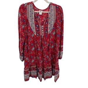 W Wrapper Country Tunic Dress Womens Large Red Floral Harvest Print Rayon